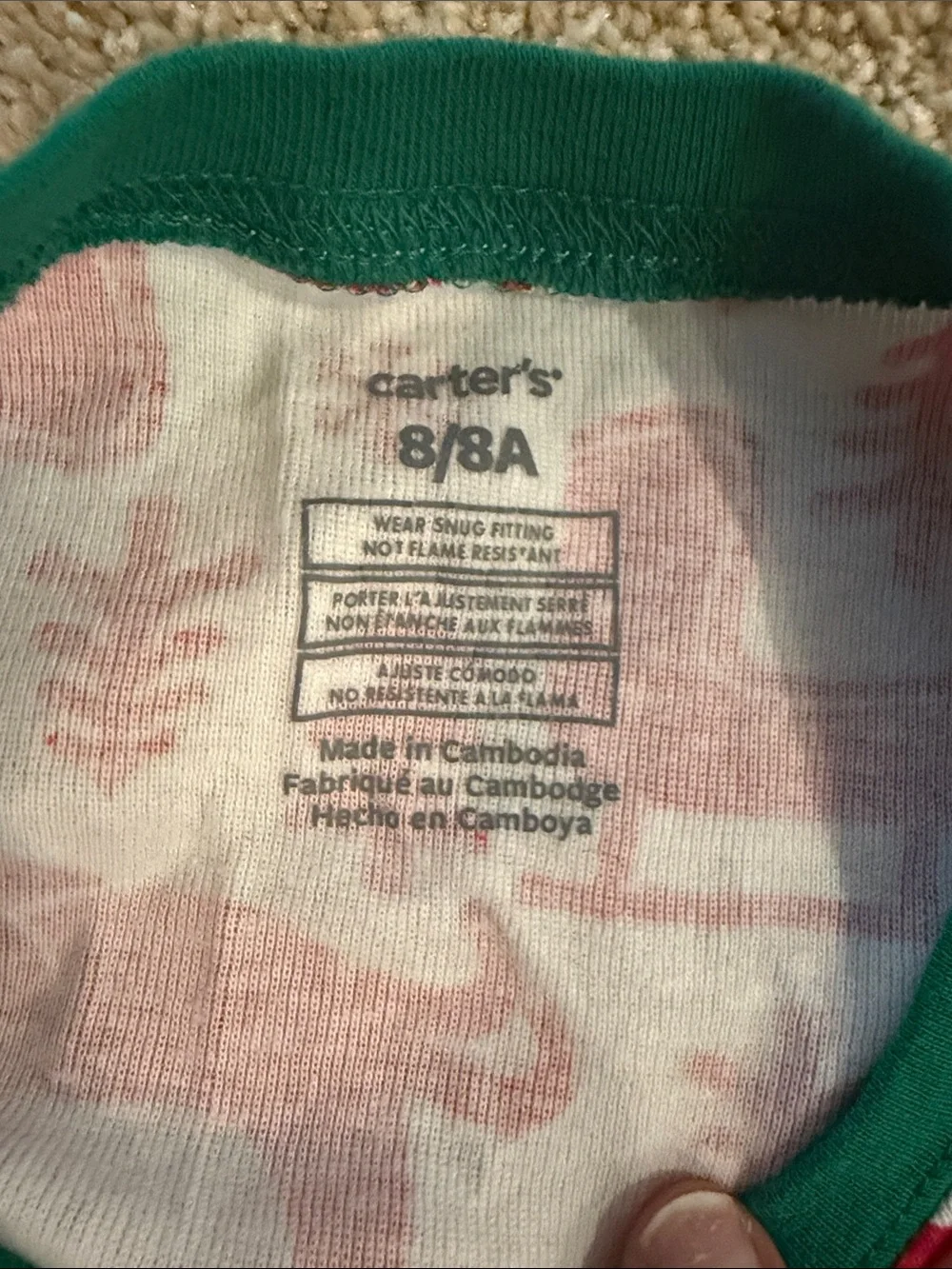 Carter's kid Red and White Reindeer Holiday Pajama Set with Green Trim. Size 8.